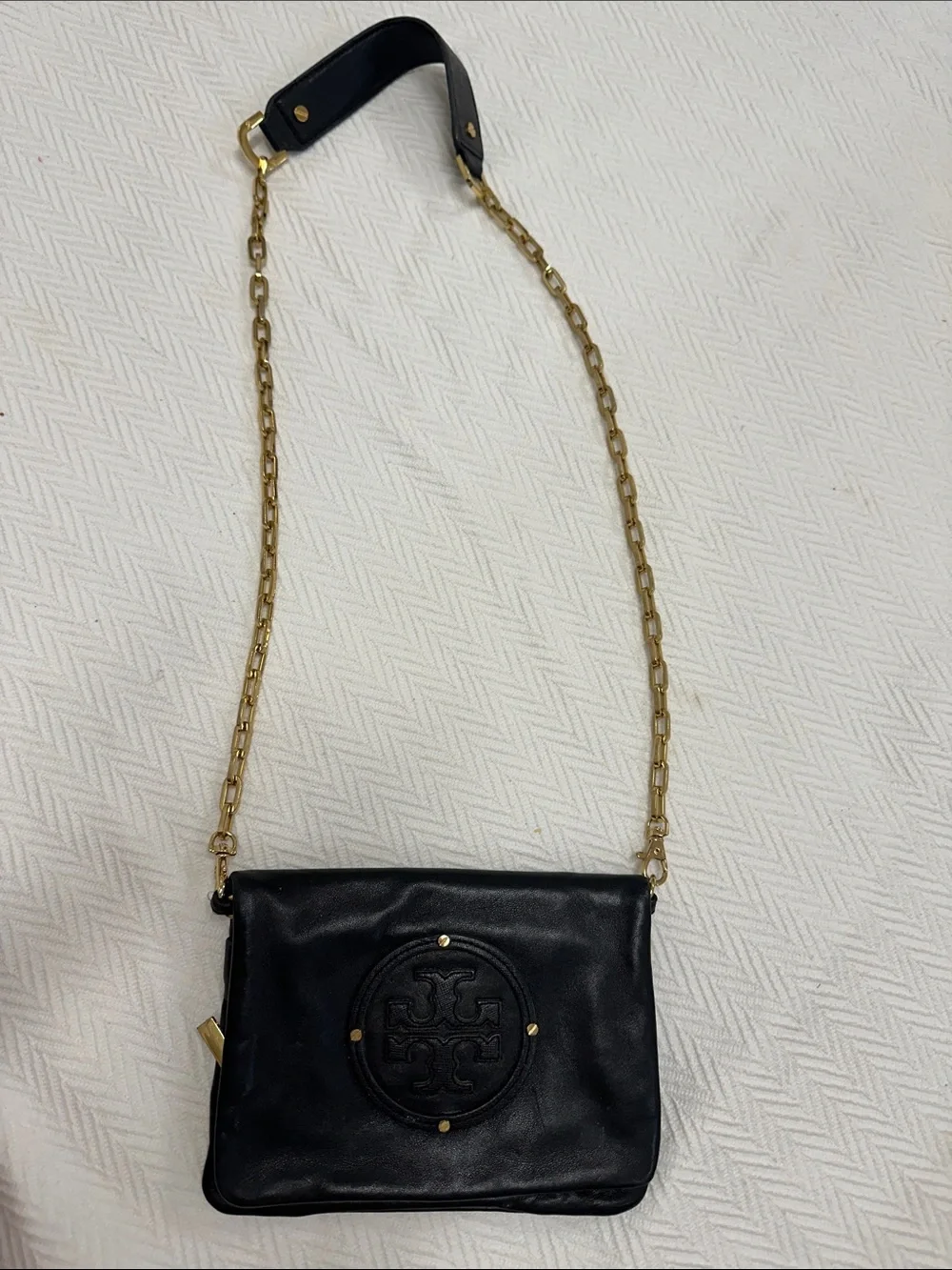 Tory Burch Black Leather Crossbody with Gold Chain Strap